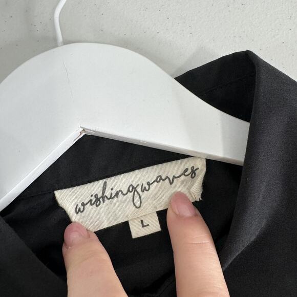 Wishing Waves Belted Shirt Dress Womens Large Black Poplin Mini Ruffle Hem - Picture 9 of 15